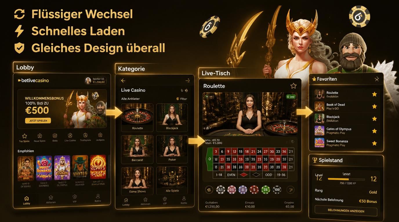 App wechselt geschmeidig zwischen Lobby, Spielen und Live-Tischen 