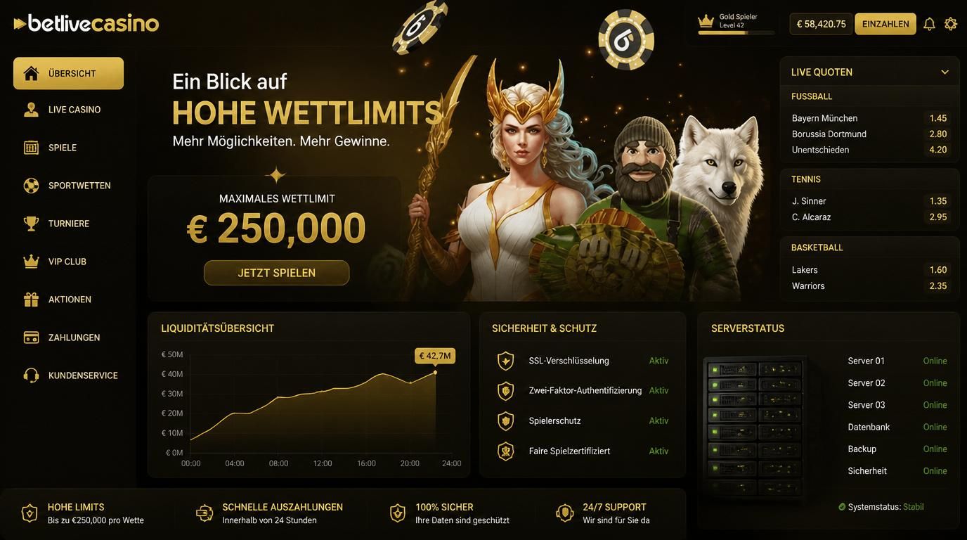 Screenshot einer Benutzeroberfläche mit Wettlimits, Liquiditäts-Charts und Serversicherheit.