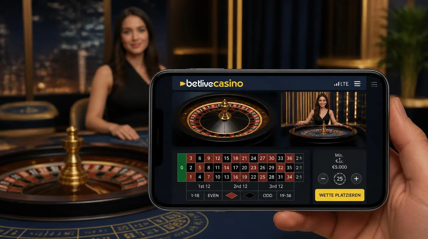 Smartphone mit Live-Roulette-Lobby, Tischvorschau und sichtbaren Einsatzgrenzen