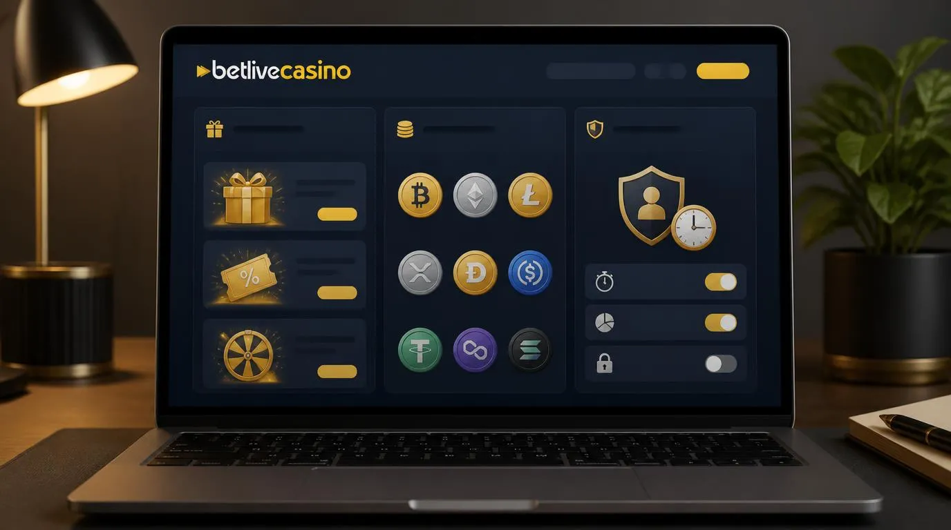 Drei Bereiche einer Casino-Übersicht zeigen Bonusangebote, Kryptowährungen und Werkzeuge für bewusstes Spielen