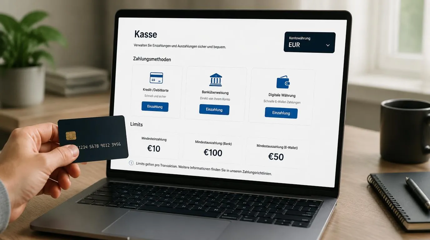 Casino-Kasse mit Euro-Kontowährung, Zahlungsarten und Auszahlungsgrenzen auf einem Laptop