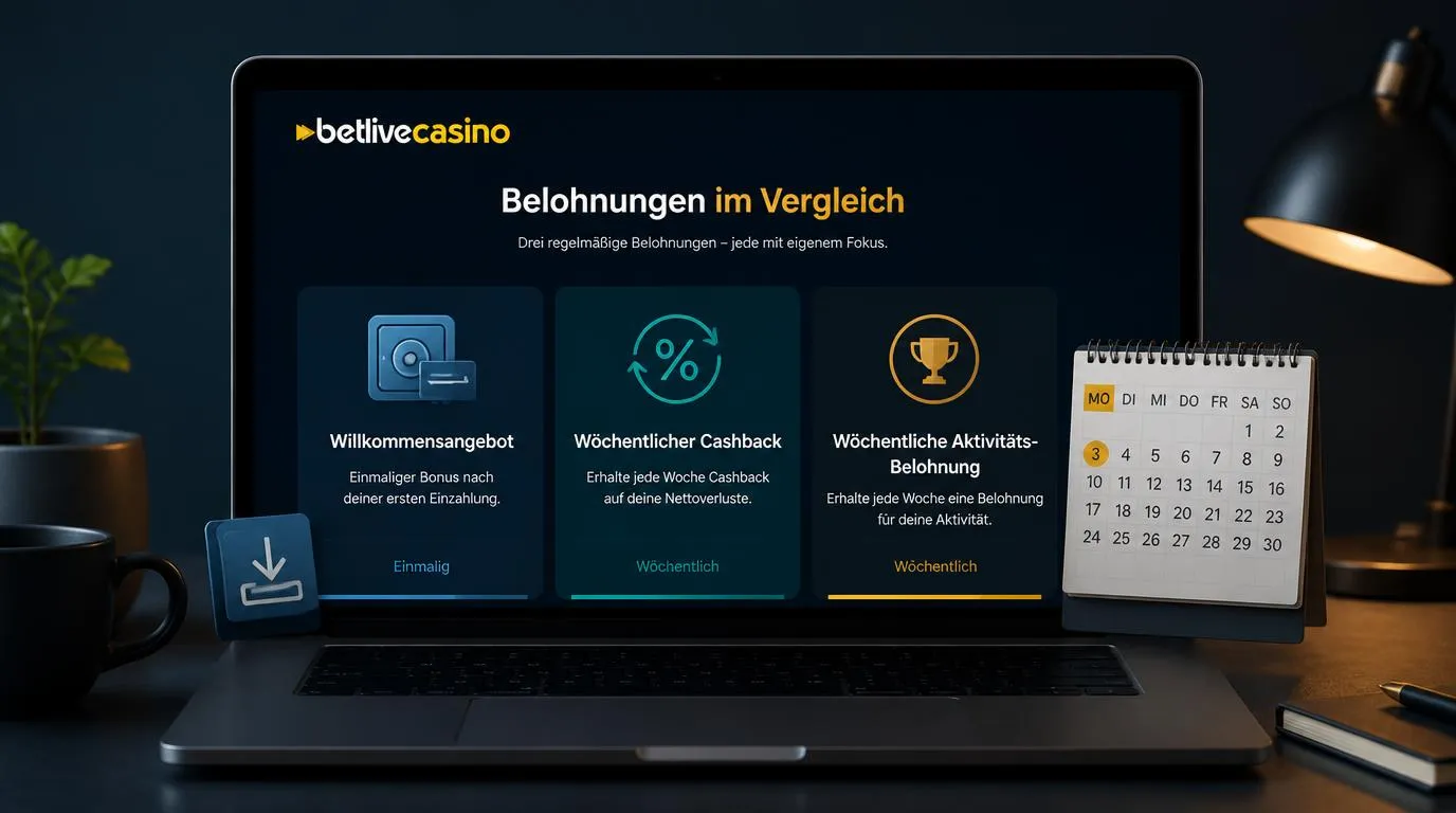 Drei Bonuskarten für Willkommensangebot, wöchentliches Cashback und Wochenaktion auf einem Bildschirm