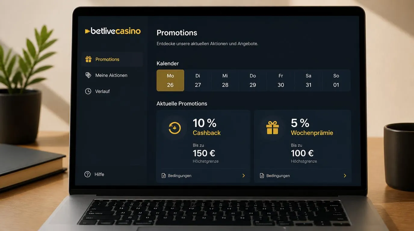 Casino-Dashboard mit Wochenkalender, Cashback-Anzeigen und einer montäglichen Prämie