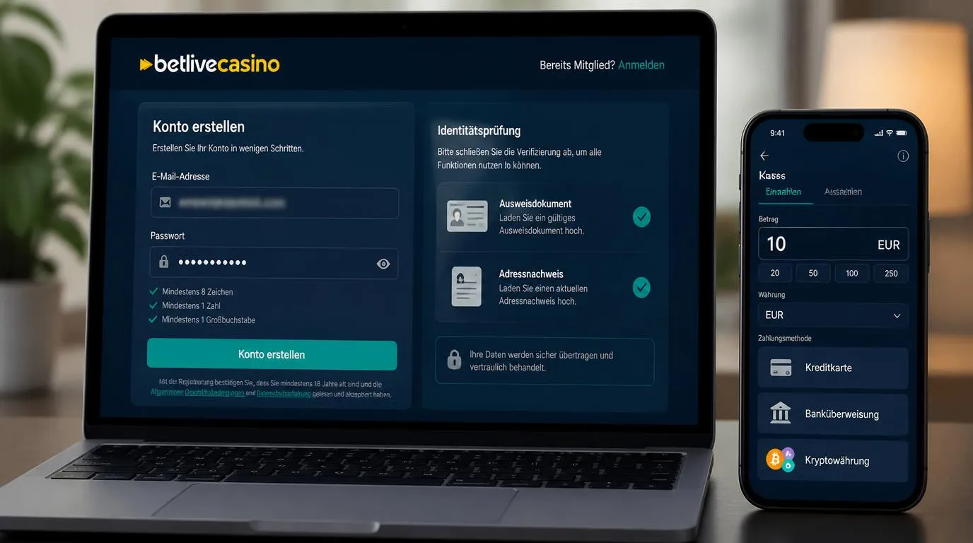 Registrierungsformular neben KYC-Checkliste und Auswahl der ersten Einzahlung