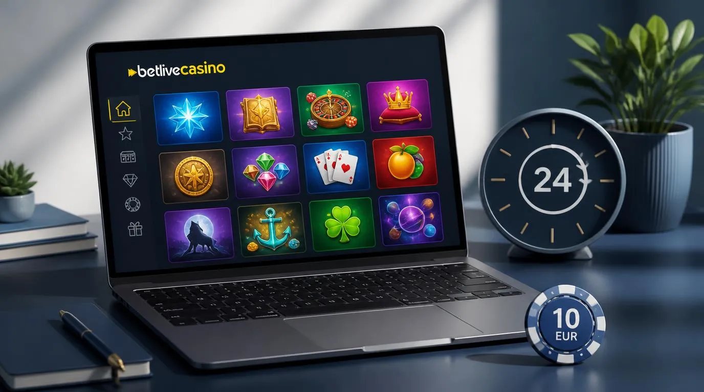 Casino-Oberfläche mit Spielauswahl, Uhr für Auszahlungen innerhalb von 24 Stunden und 10-EUR-Chip